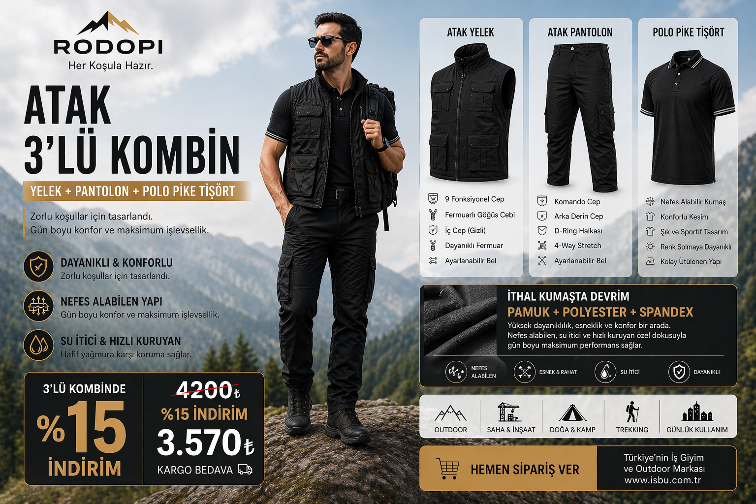 Rodopi Atak Pro 3’lü Kombin – Yelek + Pantolon + Polo Pike Tişört