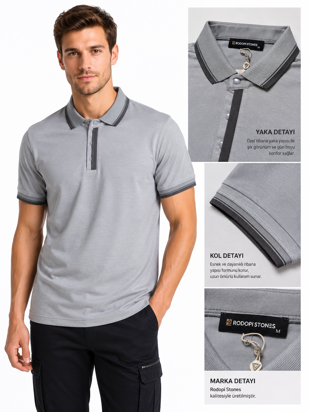 Rodopi Stone Polo Yaka Tişört  Gri