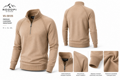 Rodopi Stones Erkek Premium Cashmere Yarım Fermuarlı Sweatshirt