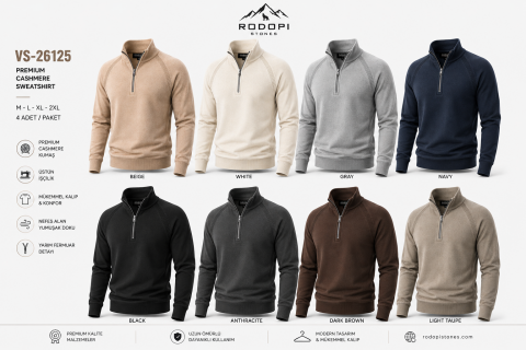 Rodopi Stones Erkek Premium Cashmere Yarım Fermuarlı Sweatshirt