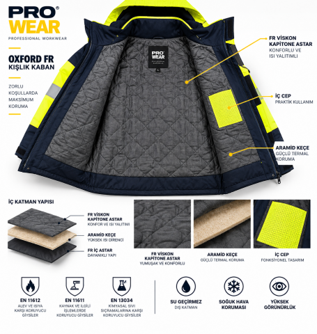 Pro Wear Oxford FR Alev Almaz Reflektörlü Kışlık İş Kabanı