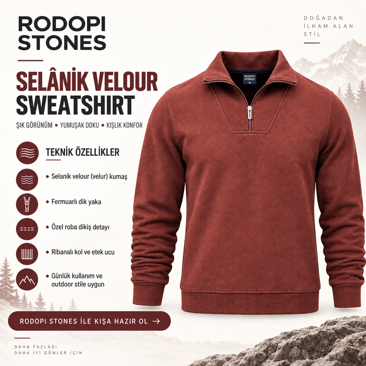 Rodopi Stones Yarım Fermuarlı Selanik Sweatshirt