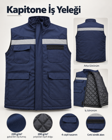 Gabardin Reflektörlü Kapitoneli İş Yeleği