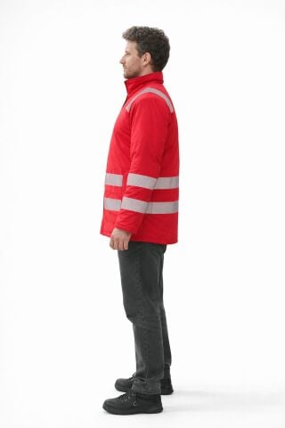 RODOPİ Kırmızı Polar Kapitoneli Reflektörlü İş Montu